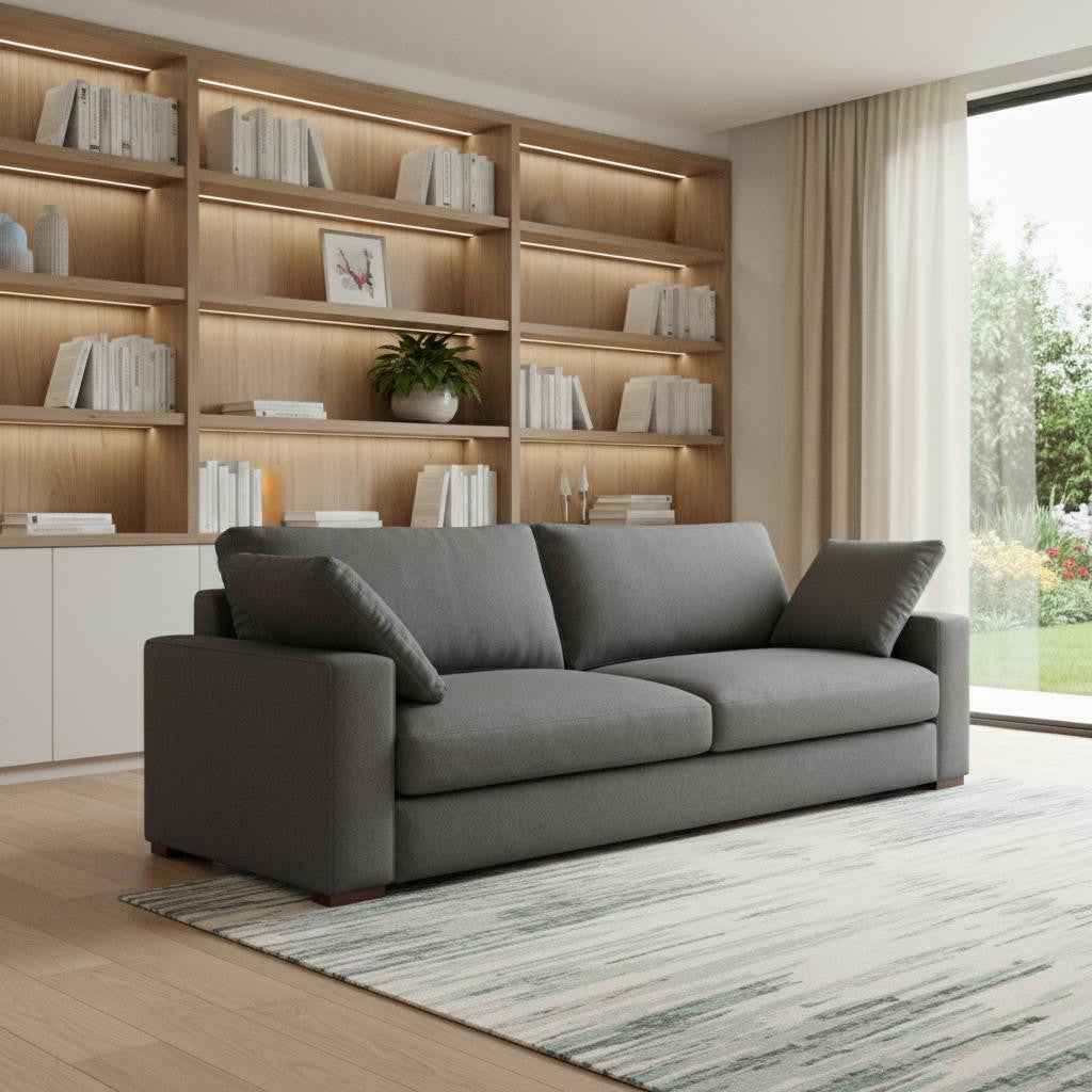 96" Gray Fabric Sofa With Brown Legs