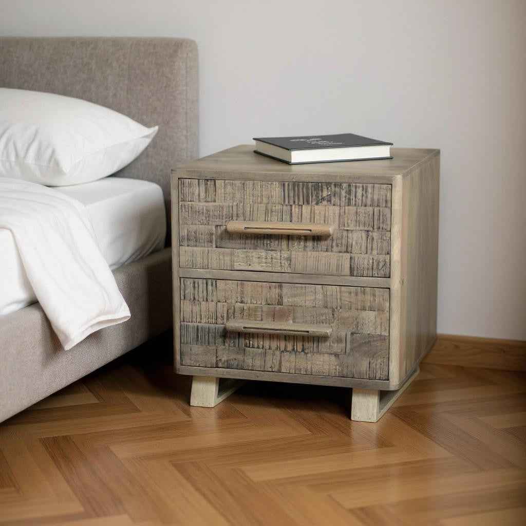 26" Gray Solid Wood Carved Geometric Two Drawer Nightstand