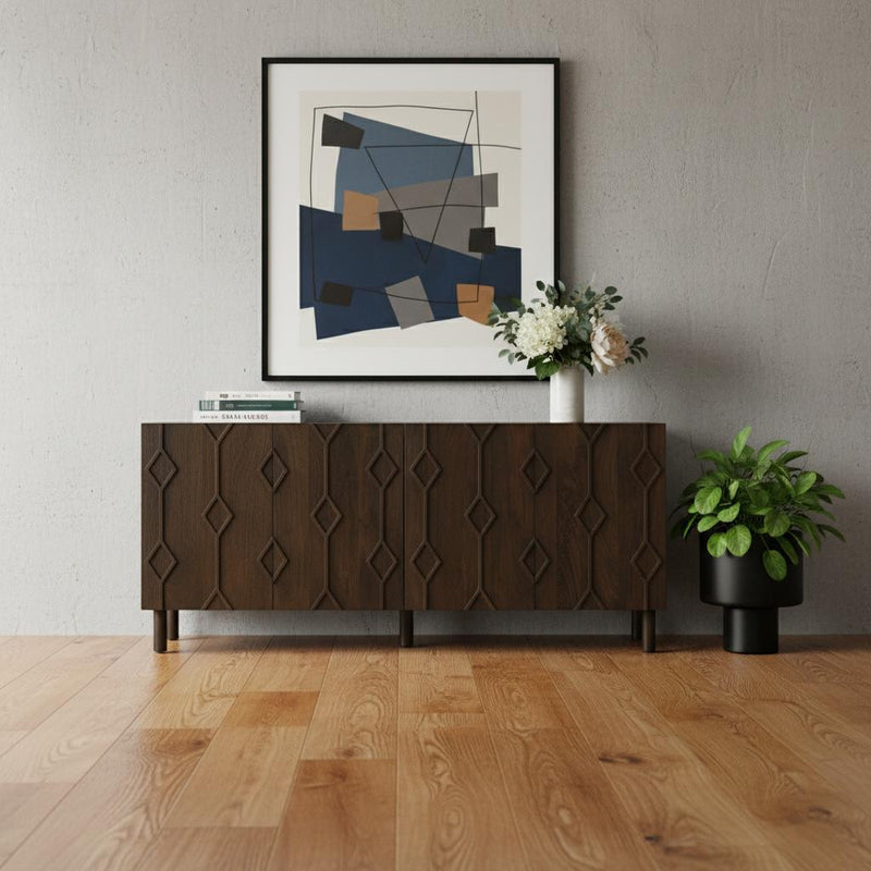 71" Dark Brown Solid Wood Carved Geometric Sideboard Soft Close with Four Doors - Kitchen & Dining