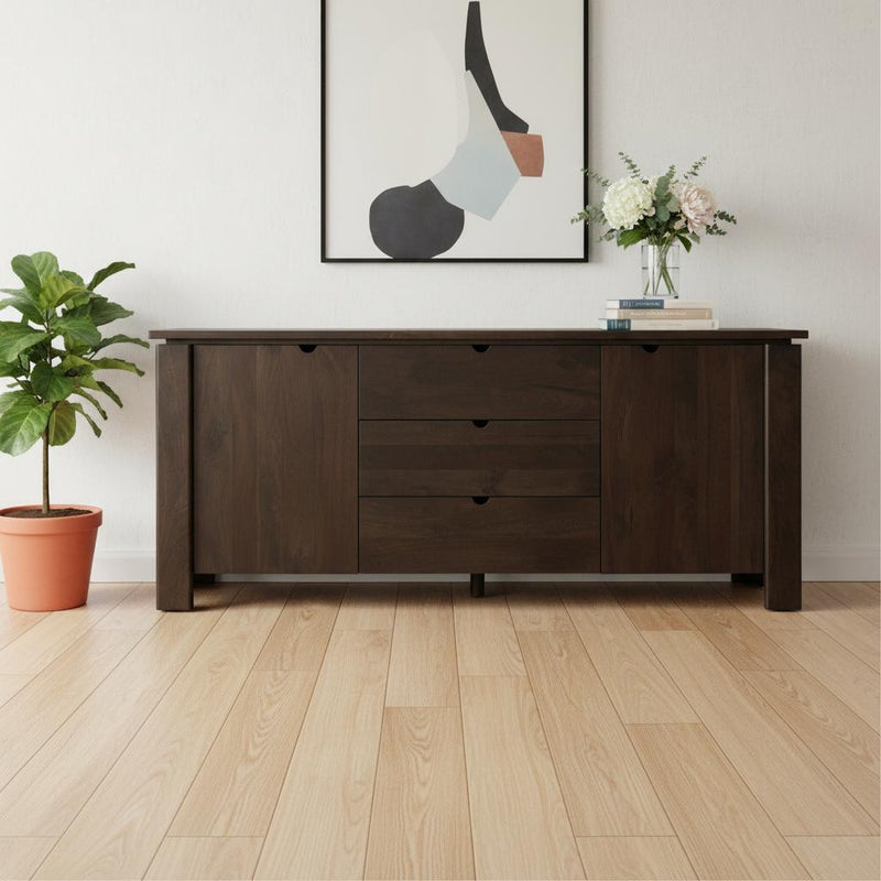 79" Brown Solid Wood Three Drawer Sideboard Soft Close with Two Doors - Kitchen & Dining