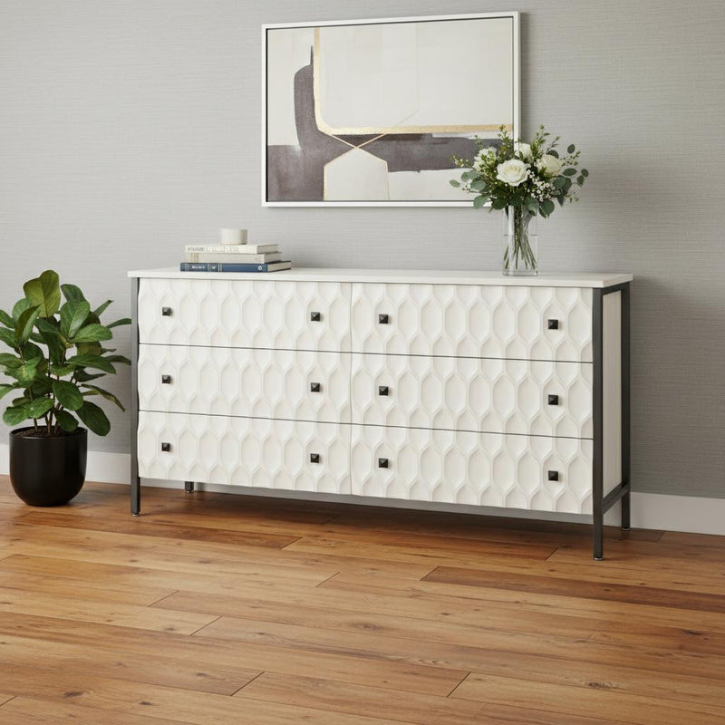 63" Gray And White Wood Carved Geometric Six Drawer Sideboard - Kitchen & Dining