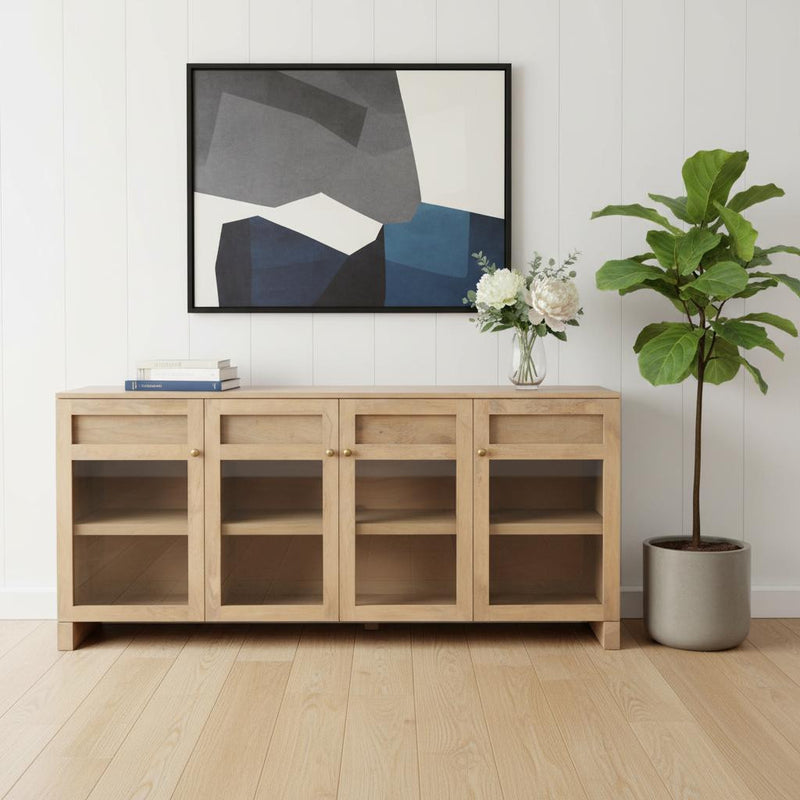 80" Light Brown Solid Wood Three Drawer Sideboard Soft Close with Four Glass Doors - Kitchen & Dining