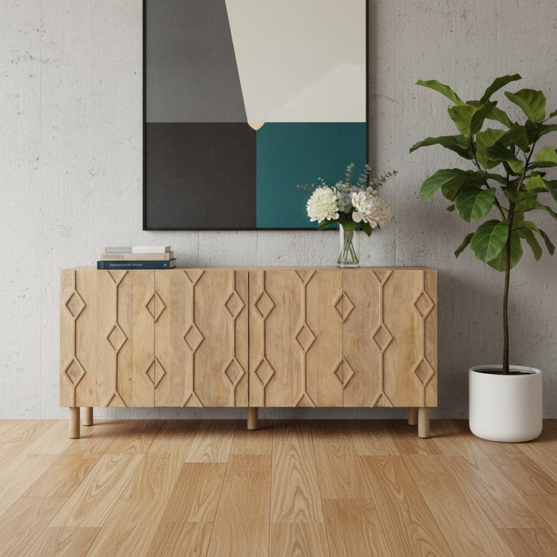 71" Light Brown Solid Wood Carved Geometric Sideboard Soft Close with Four Doors - Kitchen & Dining