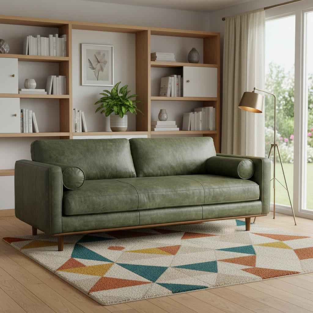 89" Moss Green Leather Sofa With Brown Legs