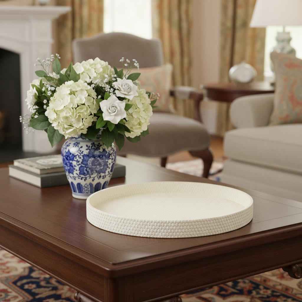 15" White Handmade Round Serving Tray