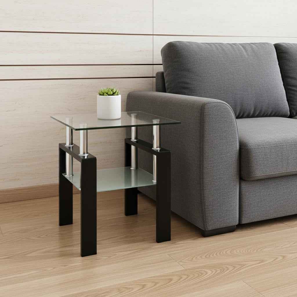 Clear and Black Glass and Metal Square End Tables With Shelf