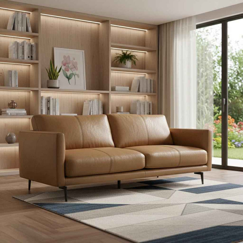 81" Brown Leather Sofa With Black Legs