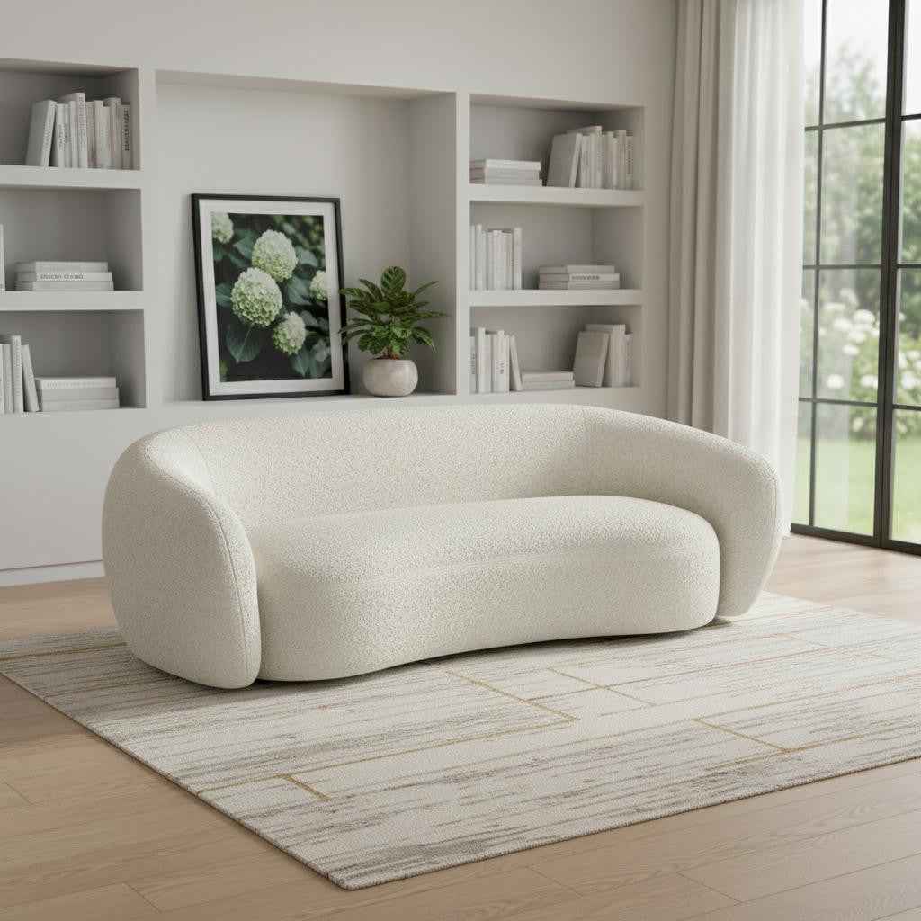 89" Cream Fabric Sofa With Walnut Legs