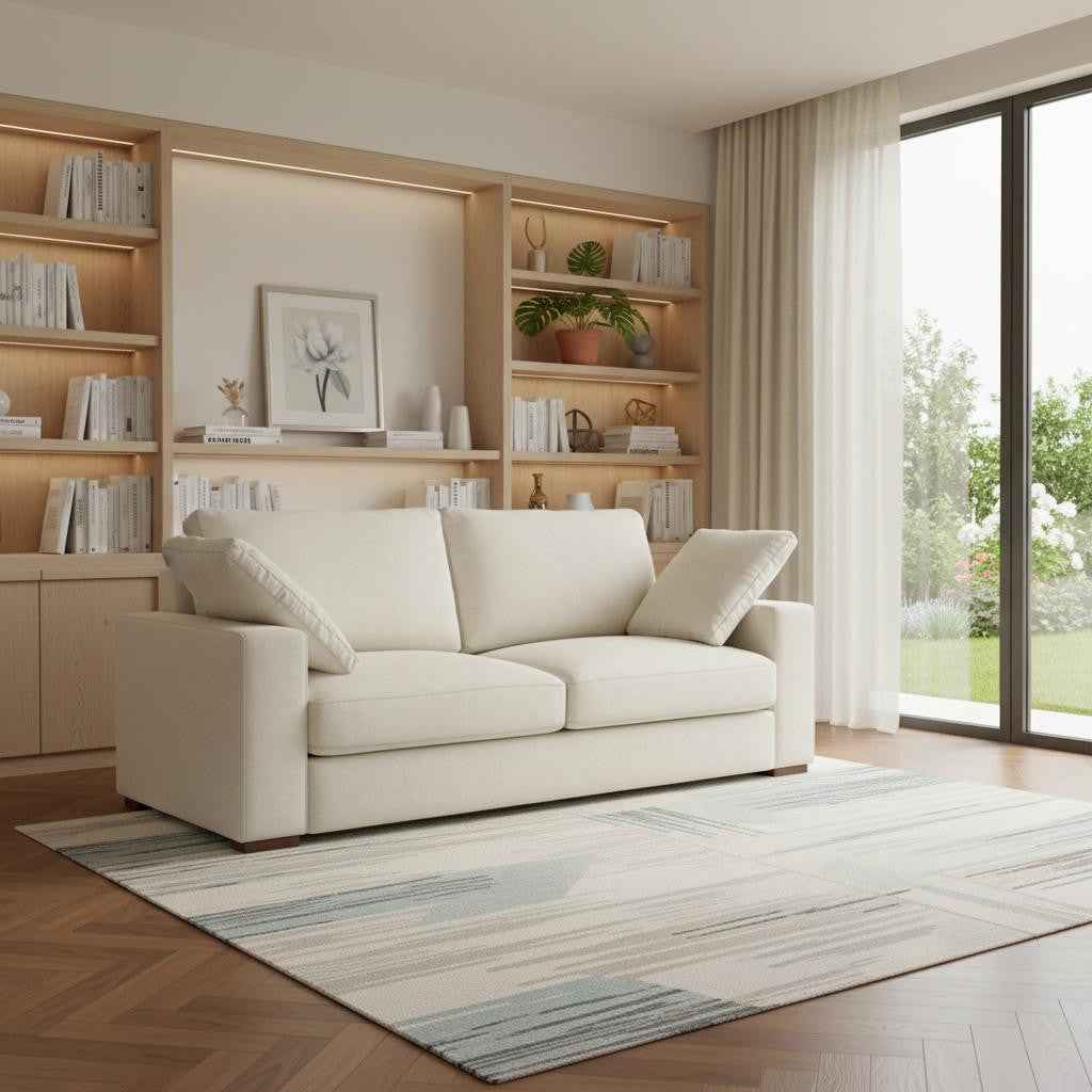 78" Cream Fabric Sofa With Brown Legs