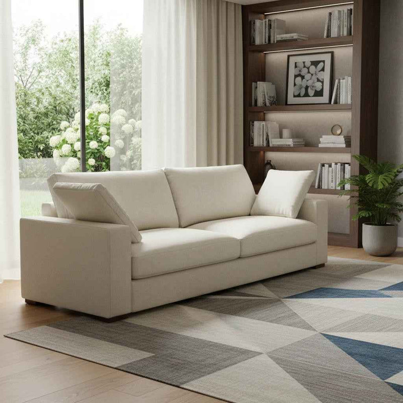 96" Cream Fabric Sofa With Brown Legs