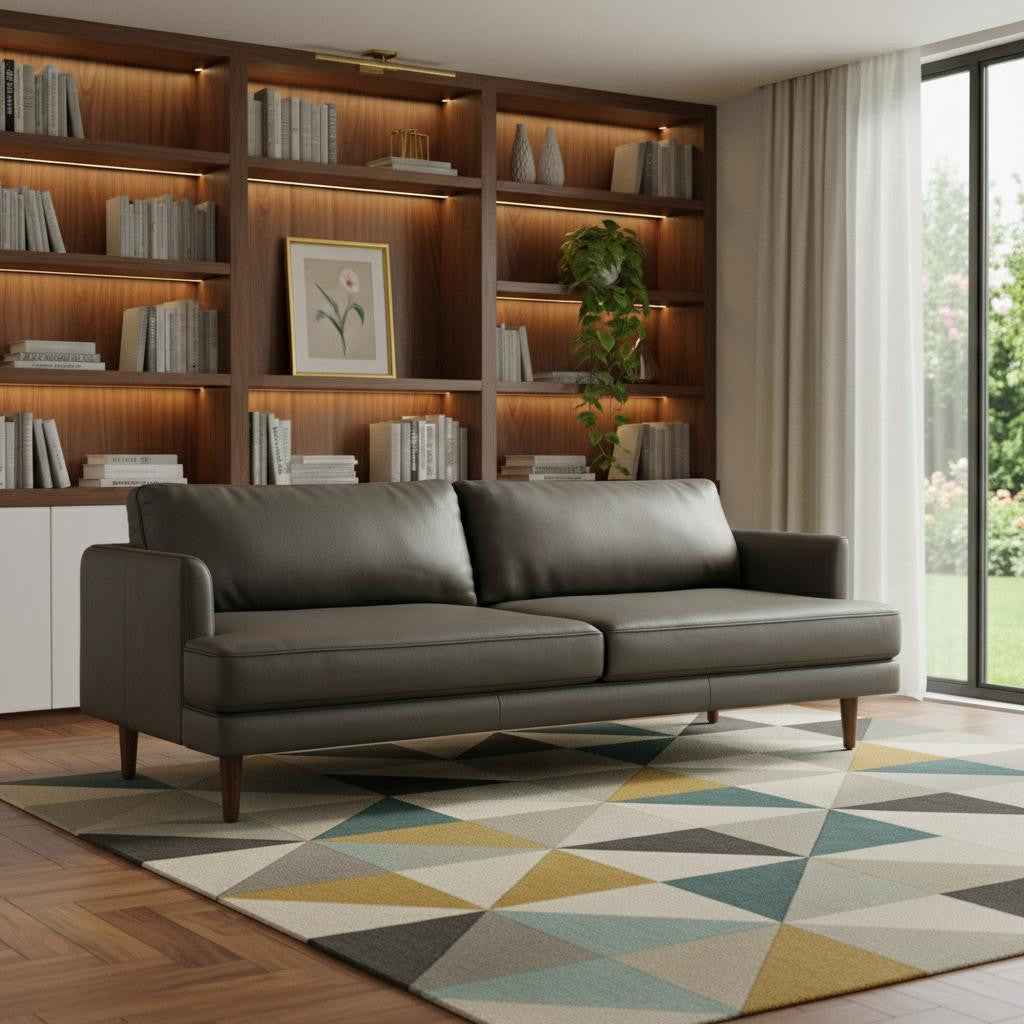 76" Black Leather Sofa With Brown Legs