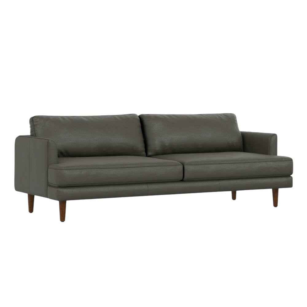 76" Black Leather Sofa With Brown Legs