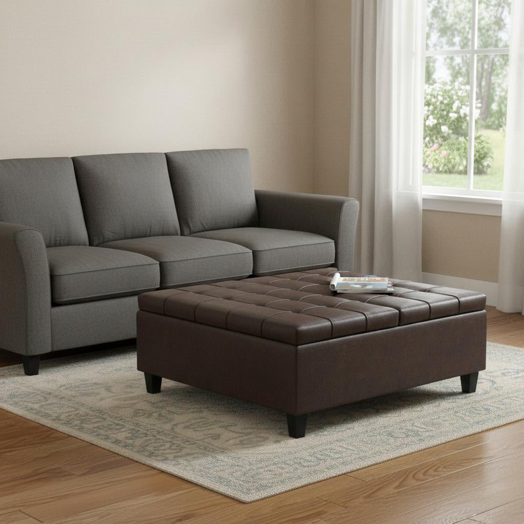 40" Brown Leather Cocktail Ottoman With Storage