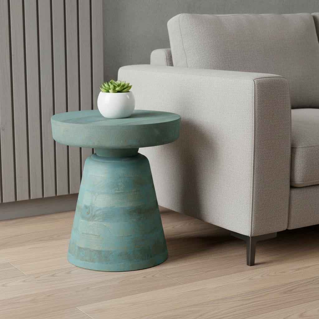 18" Teal Blue Solid Wood Round End Table