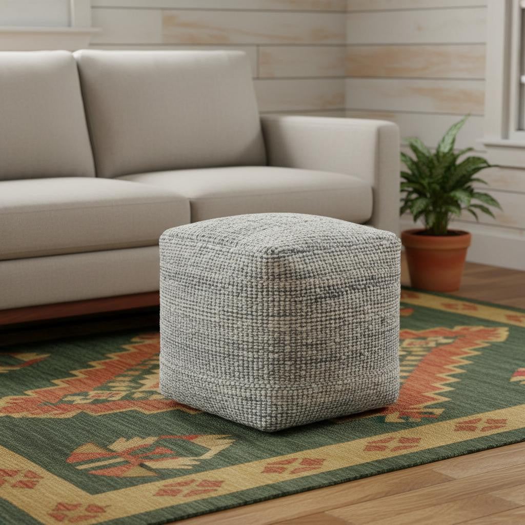 18" Blue and Ivory Cotton Jute and Wool Striped Cube Pouf Ottoman - Living Room