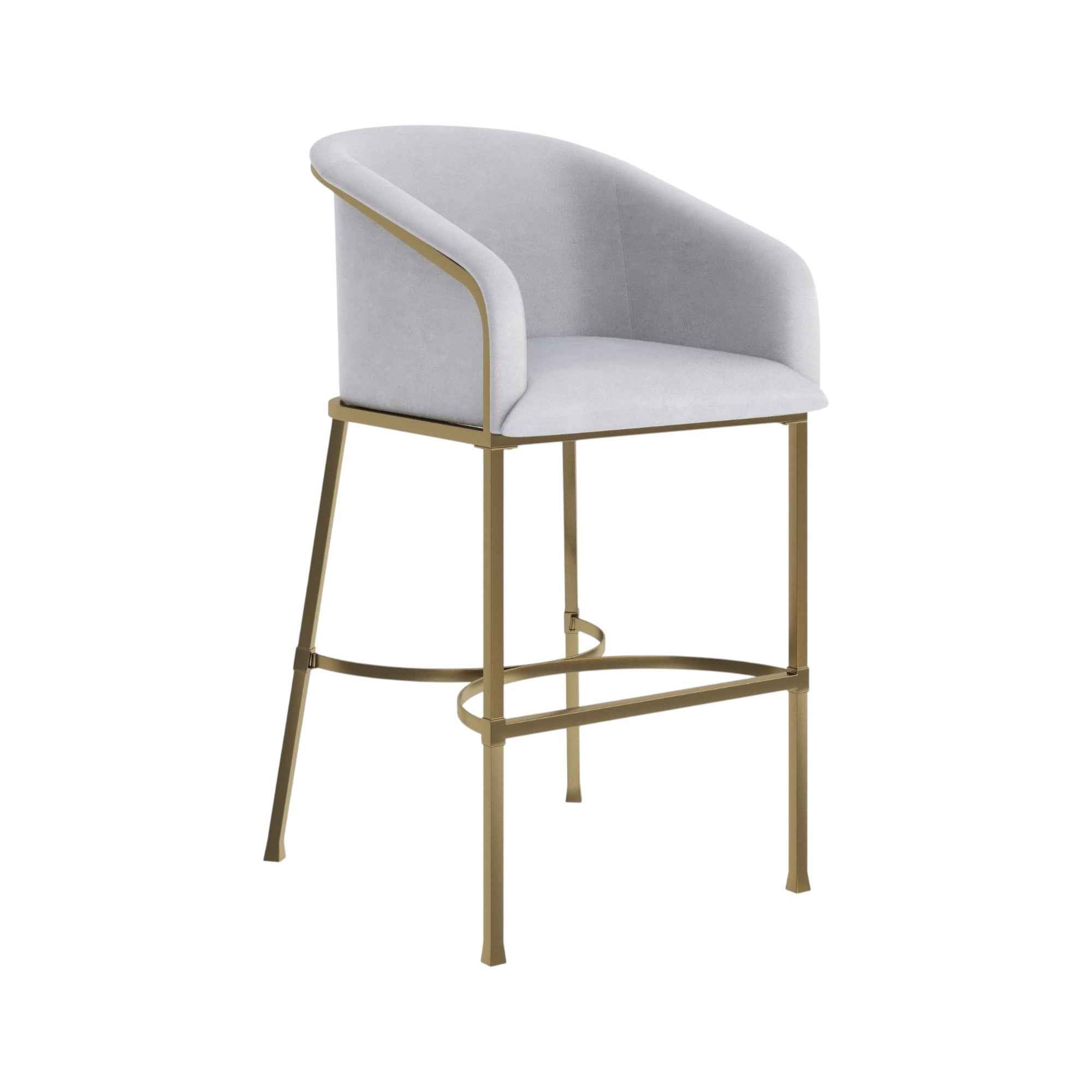 31" White and Gold Wood Fabric and Steel Low Back Bar Height Bar Chair