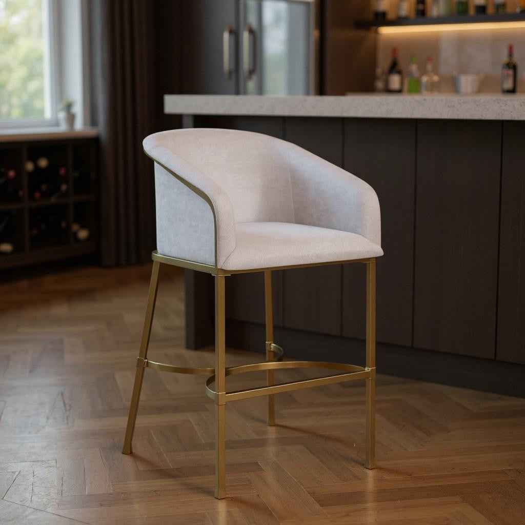 31" White and Gold Wood Fabric and Steel Low Back Bar Height Bar Chair