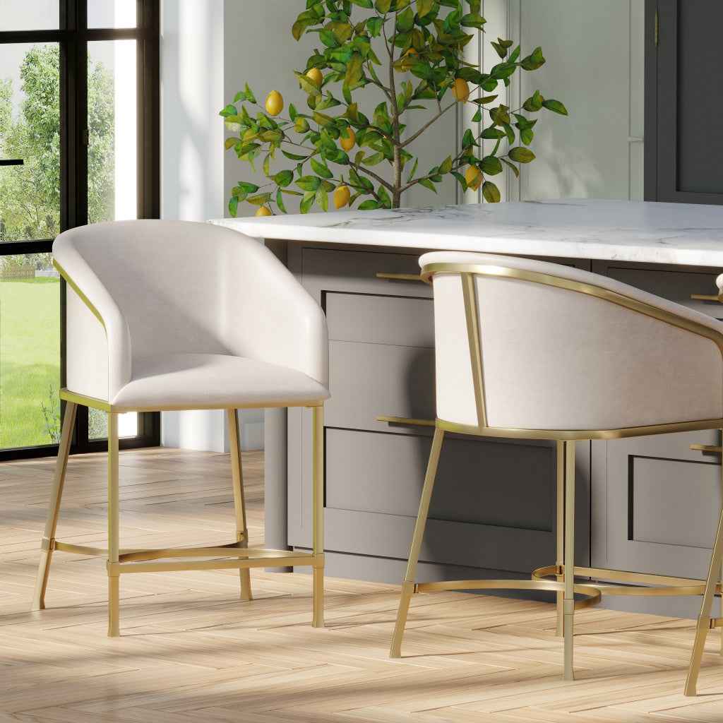 26" White and Gold Wood Fabric and Steel Low Back Counter Height Bar Chair
