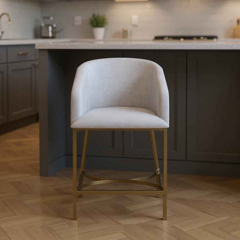 26" White and Gold Wood Fabric and Steel Low Back Counter Height Bar Chair