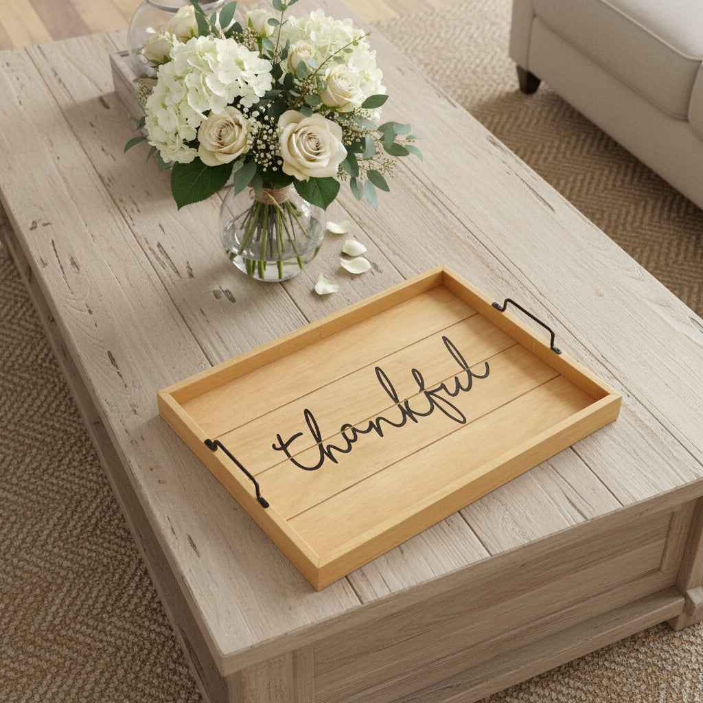 16" Natural And Black Thankful Serving Tray With Handles