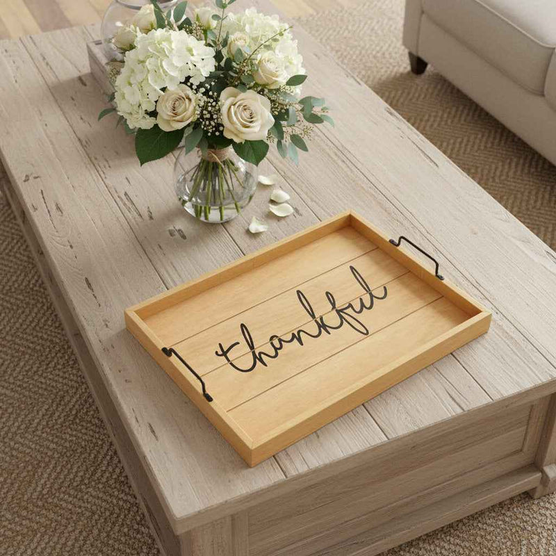 16" Natural And Black Thankful Serving Tray With Handles