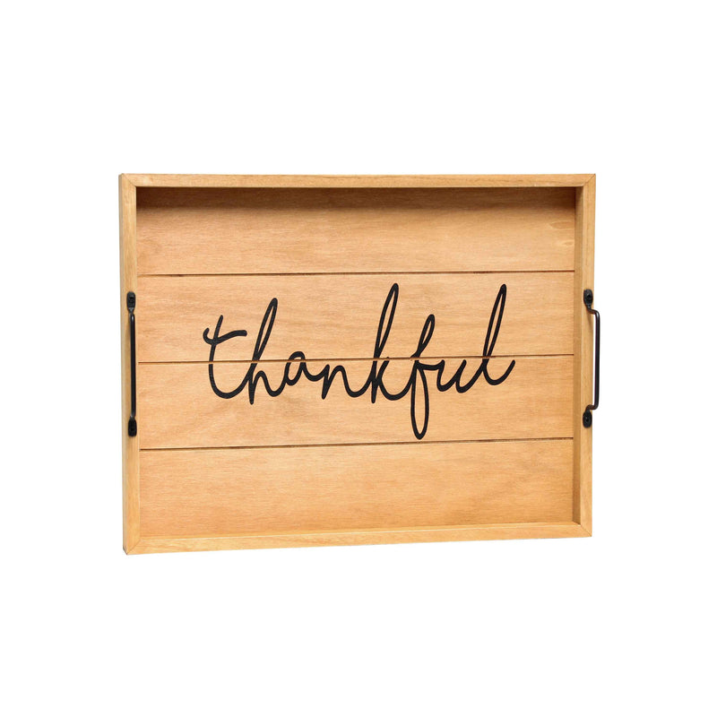 16" Natural And Black Thankful Serving Tray With Handles