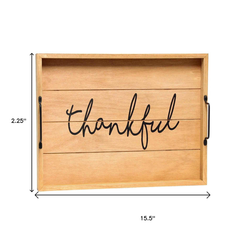 16" Natural And Black Thankful Serving Tray With Handles