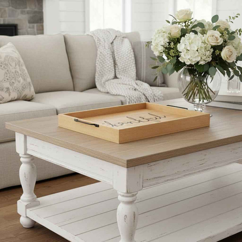 16" Natural And Black Thankful Serving Tray With Handles