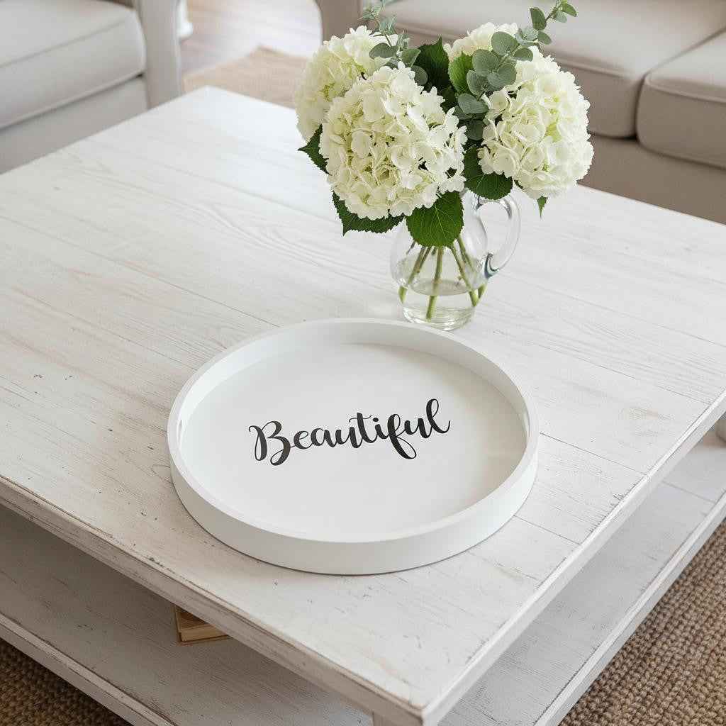 14" Gray And Black Beautiful Round Serving Tray With Handles