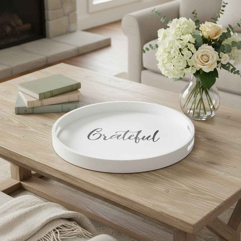 14" Black And White Grateful Round Serving Tray With Handles