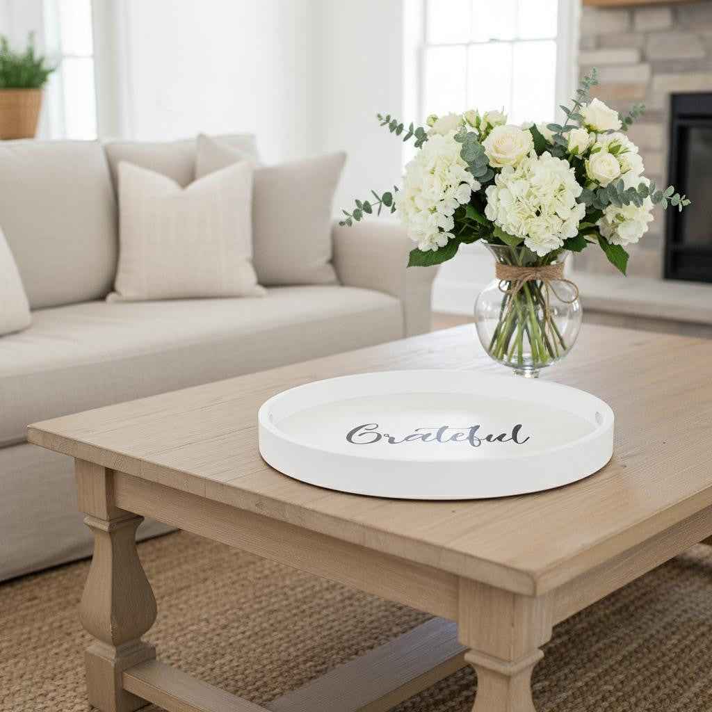 14" Black And White Grateful Round Serving Tray With Handles