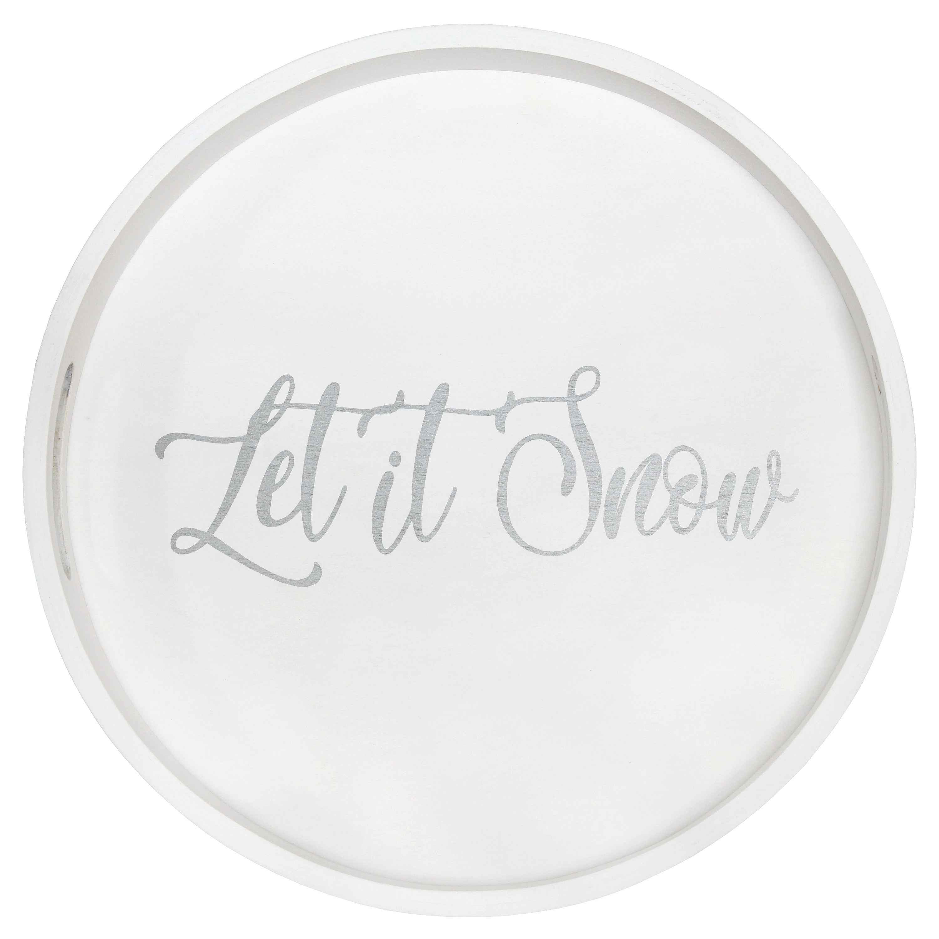 14" White And Silver Let It Snow Round Serving Tray With Handles