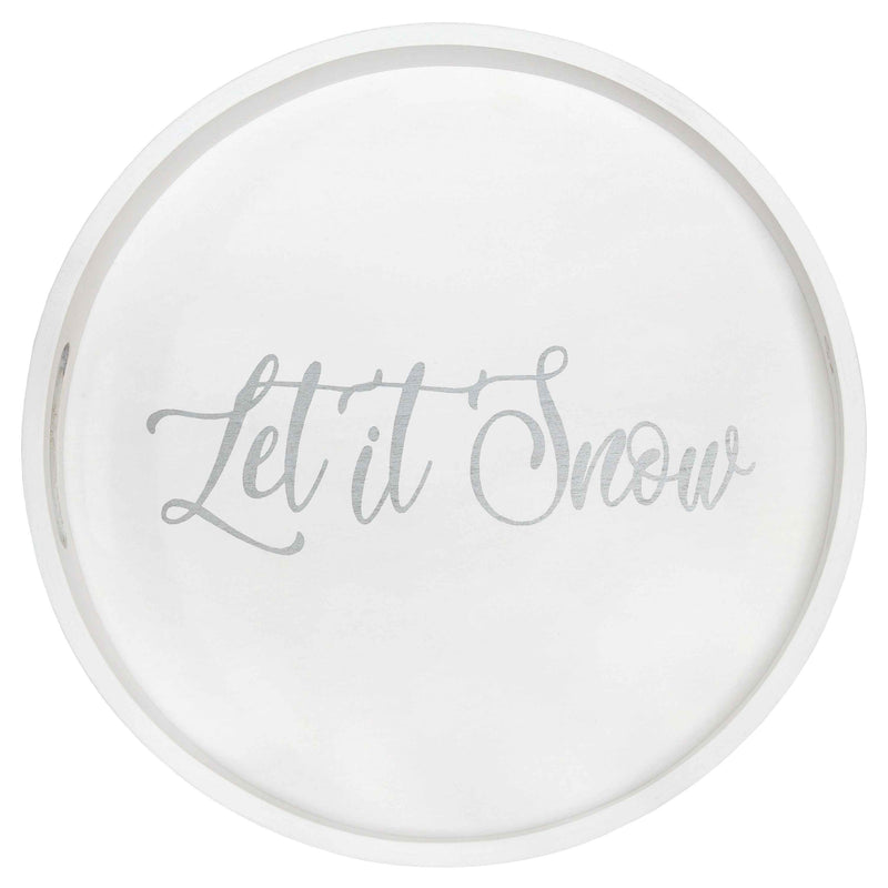 14" White And Silver Let It Snow Round Serving Tray With Handles