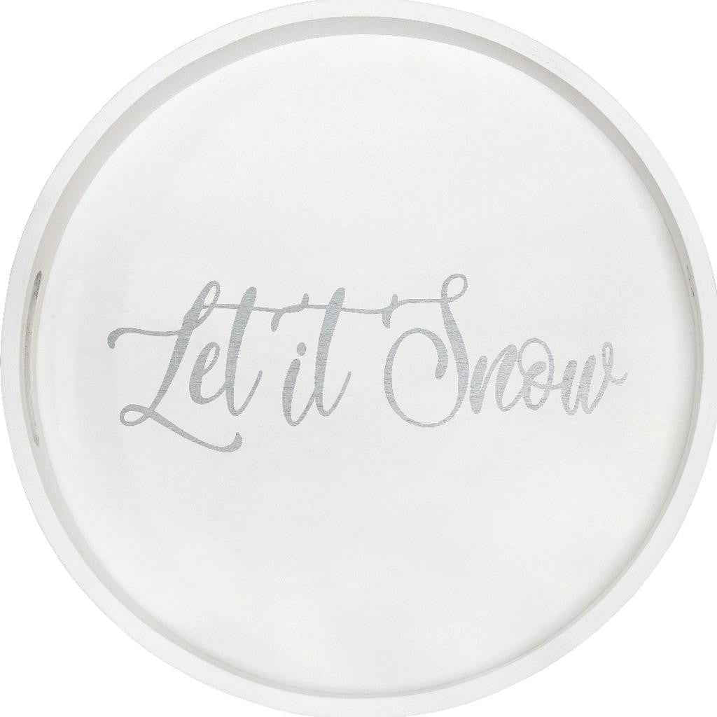 14" White And Silver Let It Snow Round Serving Tray With Handles