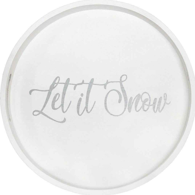 14" White And Silver Let It Snow Round Serving Tray With Handles