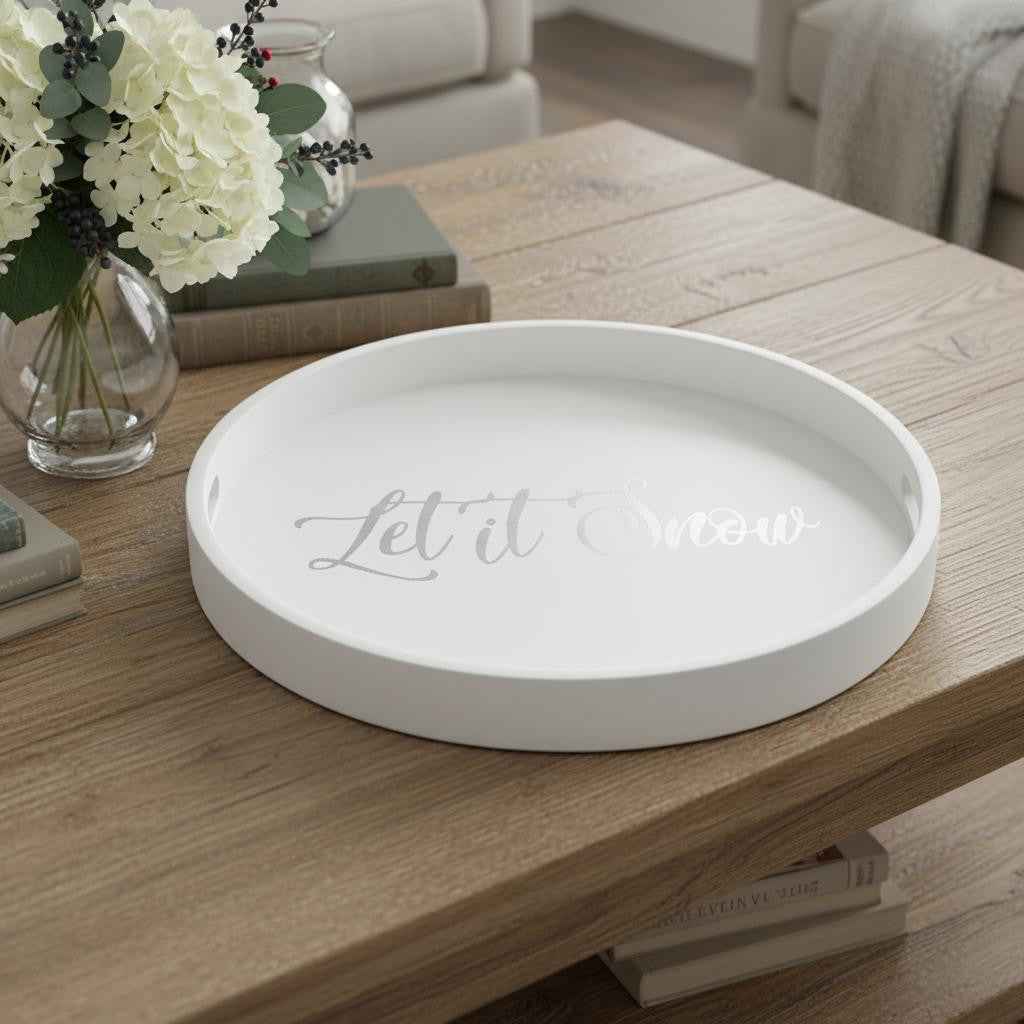 14" White And Silver Let It Snow Round Serving Tray With Handles