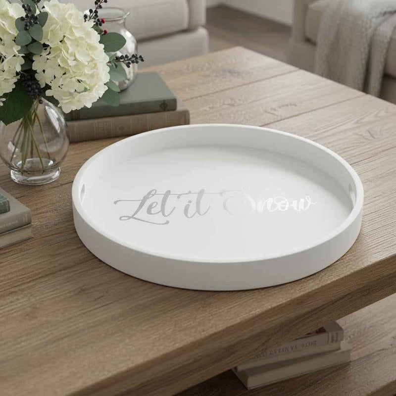 14" White And Silver Let It Snow Round Serving Tray With Handles