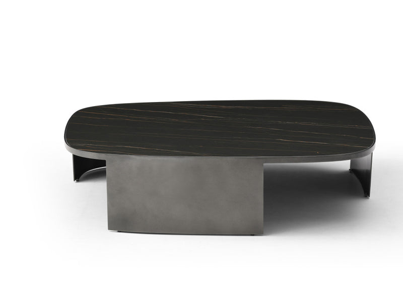 Dark ceramic tile coffee table with rounded edges and steel base, side view