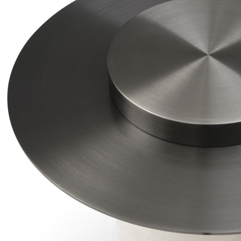 Brushed gunmetal stainless steel round tabletop and pedestal base, close-up