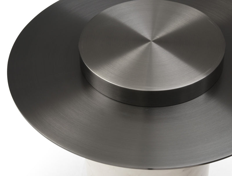 Gunmetal stainless steel pedestal coffee table with round tabletop, close-up