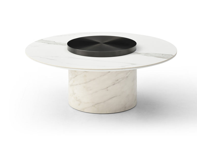 Round faux marble glass coffee table with black center opening and white pedestal