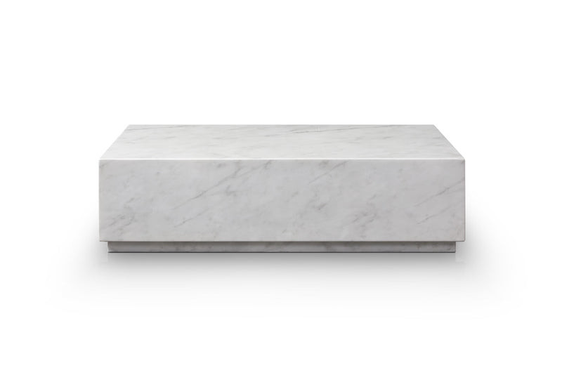 White marble block coffee table with rectangular top and subtle gray veining