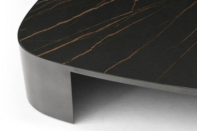 Black ceramic coffee table top with gold veining and dark gray metal side panel