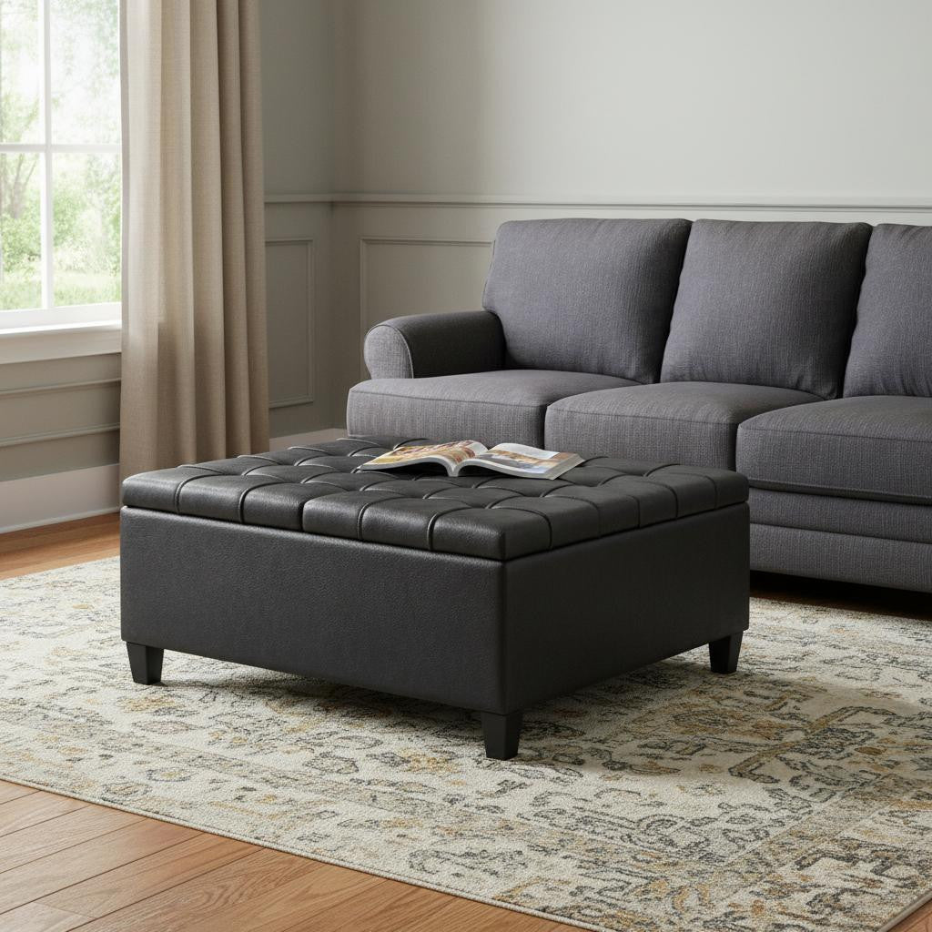 36" Black and Espresso Leather Cocktail Ottoman With Storage