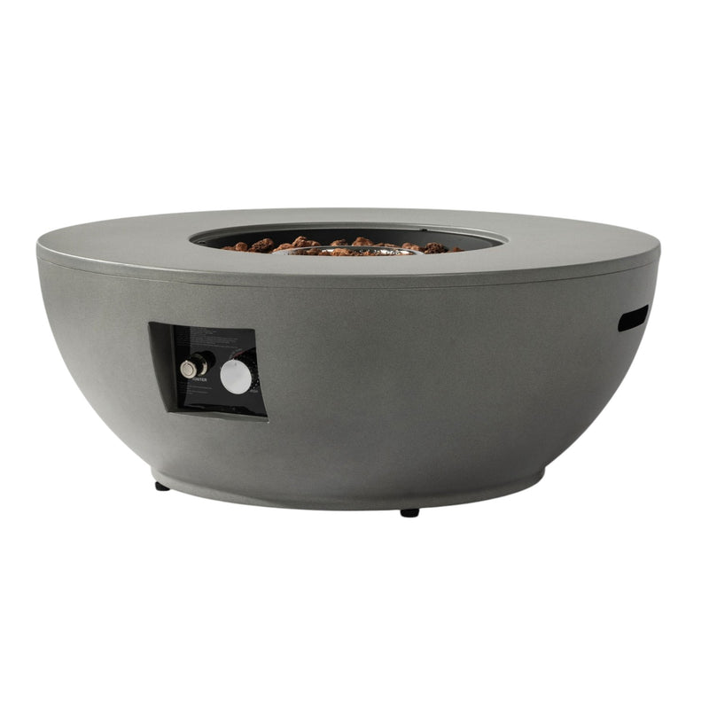 Gray round propane fire pit with front control panel and open burner bowl