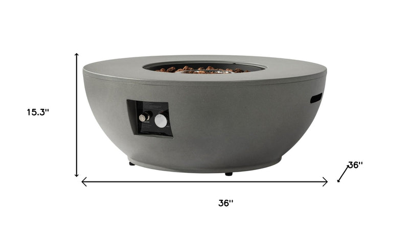 Gray round propane fire pit size diagram showing 36 in diameter and 15.3 in height