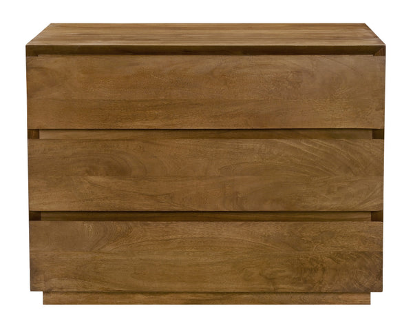 Tan distressed solid wood nightstand with three drawers and flat top