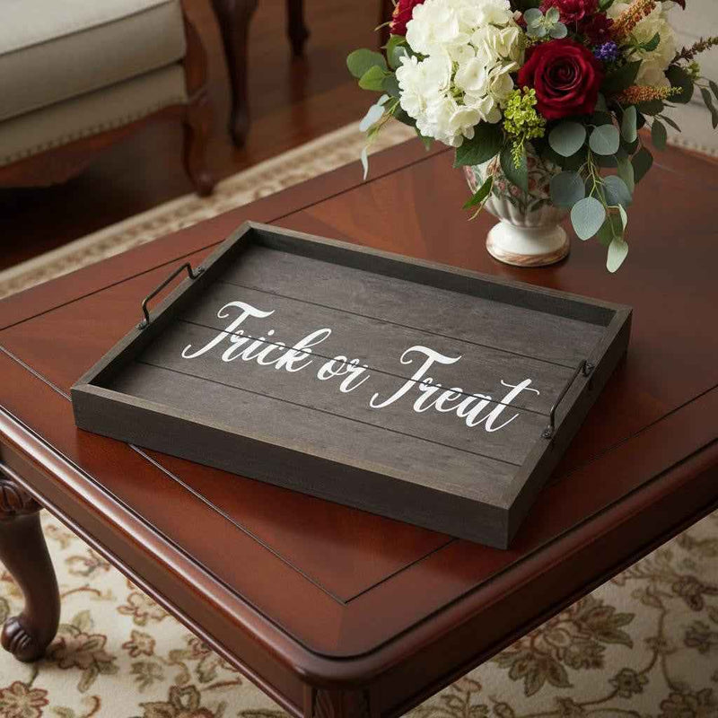 16" Black And White Trick Or Treat Halloween Serving Tray With Handles