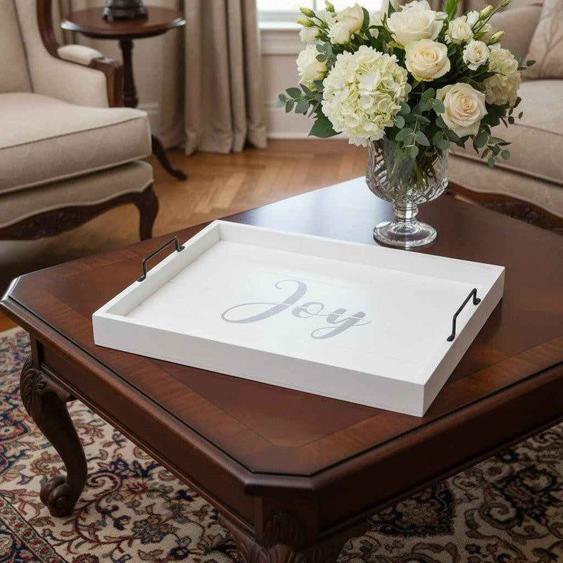 16" White And Silver Joy Christmas Serving Tray With Handles