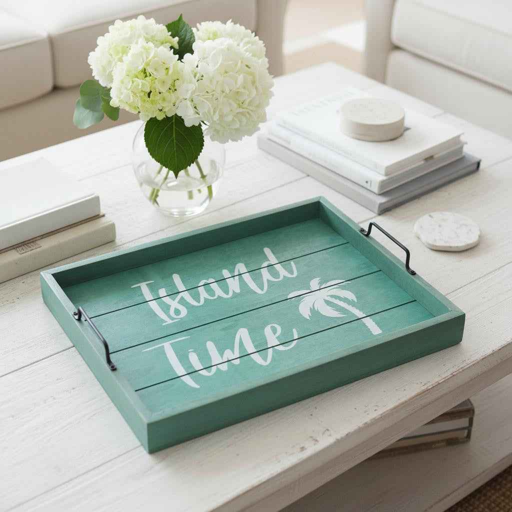 16" Aqua And White Island Time Serving Tray With Handles